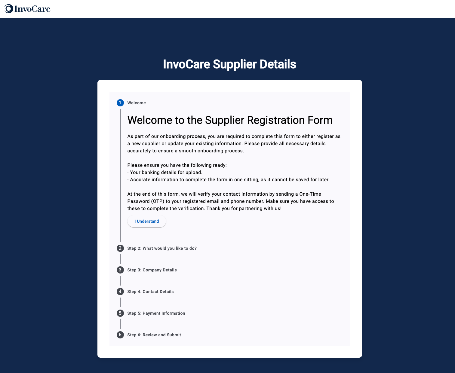 Sorbee supplier registration portal showing the guided onboarding form